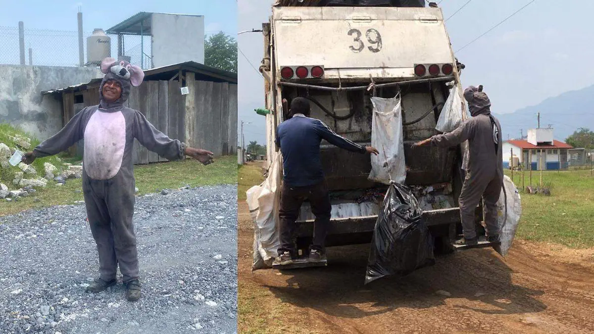 Trabajador de limpia pública se disfraza de ratón en el Día del Niño